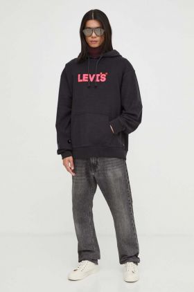 Levi's hanorac de bumbac barbati, culoarea negru, cu glugă, cu imprimeu