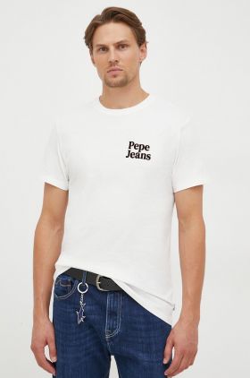 Pepe Jeans tricou din bumbac culoarea bej, cu imprimeu