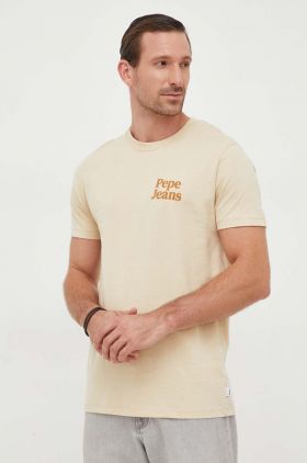 Pepe Jeans tricou din bumbac culoarea bej, cu imprimeu