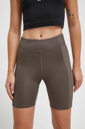 Reebok pantaloni scurți de yoga culoarea verde, neted, high waist