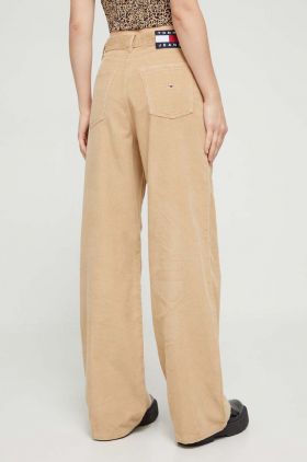 Tommy Jeans pantaloni de catifea cord culoarea bej, lat, high waist