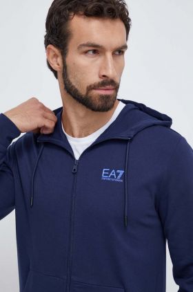 EA7 Emporio Armani hanorac de bumbac barbati, culoarea albastru marin, cu glugă, cu imprimeu