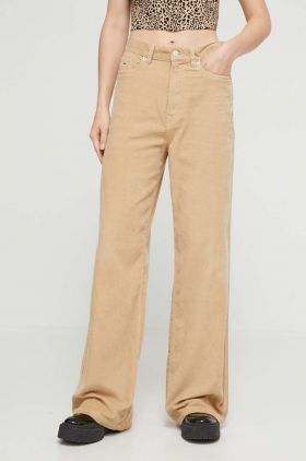 Tommy Jeans pantaloni de catifea cord culoarea bej, lat, high waist