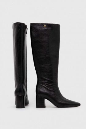 Tory Burch ghete de piele BANANA TALL BOOT femei, culoarea negru, cu toc drept, 154529-006