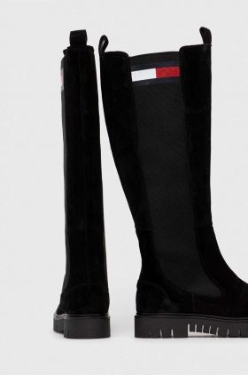 Tommy Jeans cizme TJW LONG SHAFT SUEDE BOOT femei, culoarea negru, cu toc plat, EN0EN02412