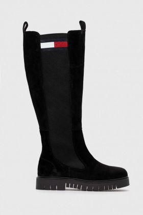 Tommy Jeans cizme TJW LONG SHAFT SUEDE BOOT femei, culoarea negru, cu toc plat, EN0EN02412