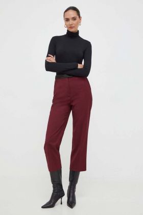 BOSS pantaloni de lana culoarea bordo, drept, high waist