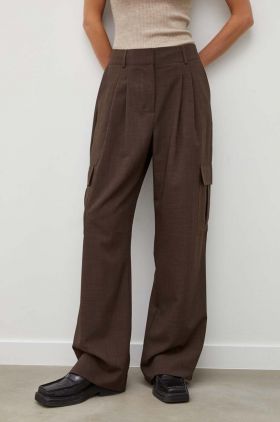 Herskind pantaloni femei, culoarea maro, lat, high waist