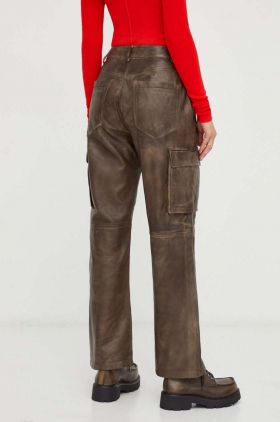 Herskind pantaloni de piele femei, culoarea maro, drept, high waist