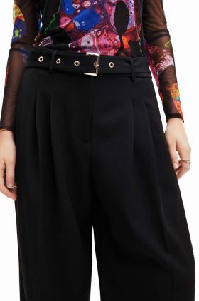 Desigual pantaloni 23WWPW24 WOMAN WOVEN LONG TROUSERS femei, culoarea negru, lat, medium waist