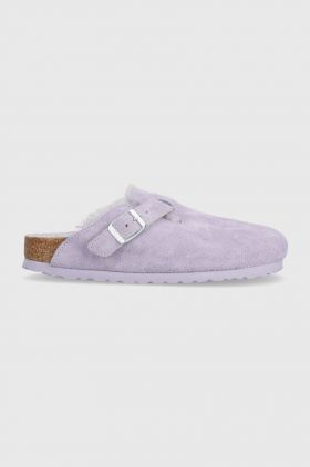 Birkenstock papuci din piele Boston femei, culoarea violet, 1023302