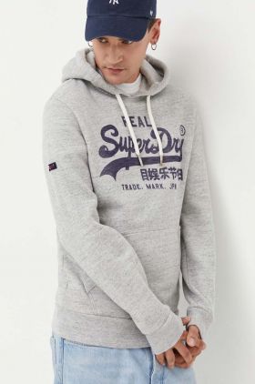 Superdry bluza barbati, culoarea gri, cu glugă, cu imprimeu