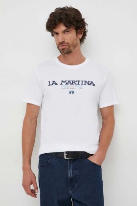 La Martina tricou din bumbac barbati, culoarea alb, cu imprimeu