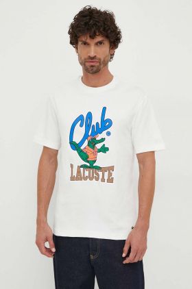 Lacoste tricou din bumbac barbati, culoarea alb, cu imprimeu