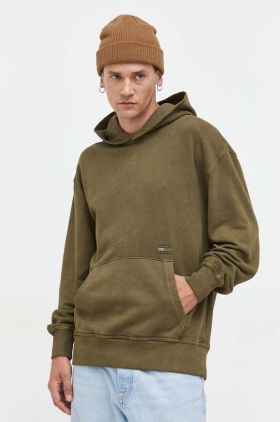 Tommy Jeans hanorac de bumbac barbati, culoarea verde, cu glugă, cu imprimeu