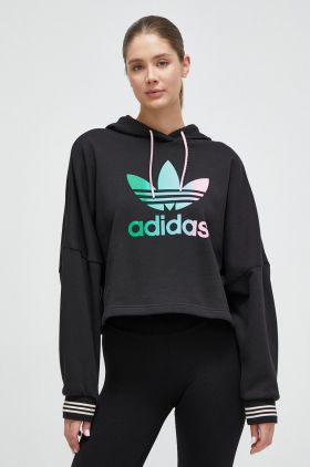 adidas Originals hanorac de bumbac femei, culoarea negru, cu glugă, cu imprimeu