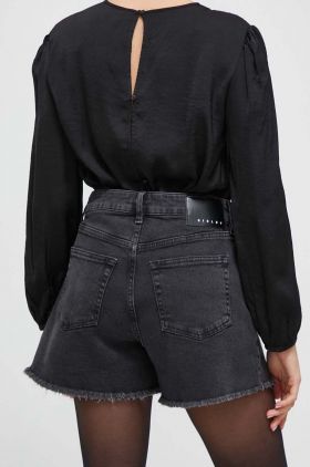 Sisley pantaloni scurti jeans femei, culoarea negru, neted, high waist