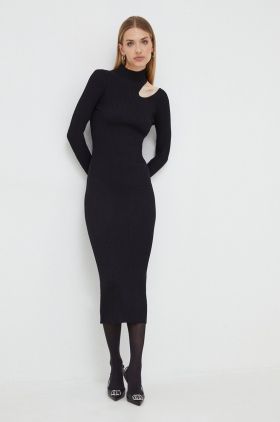 Bardot rochie culoarea negru, midi, mulata