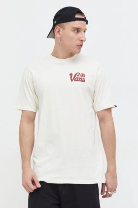 Vans tricou din bumbac barbati, culoarea bej, cu imprimeu