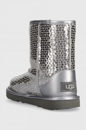 UGG ghete de zapada din piele pentru copii KIDS CLASSIC II GEL HEARTS culoarea argintiu
