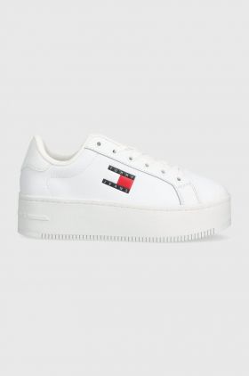 Tommy Jeans sneakers din piele TJW FLATFORM ESS culoarea alb, EN0EN02518