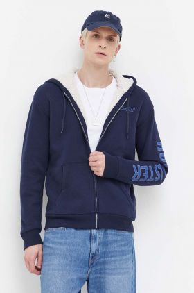 Hollister Co. bluza barbati, culoarea albastru marin, cu glugă, cu imprimeu