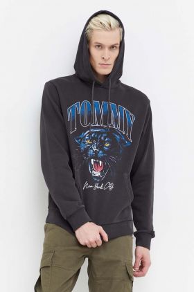 Tommy Jeans hanorac de bumbac bărbați, culoarea negru, cu glugă, imprimeu DM0DM18399