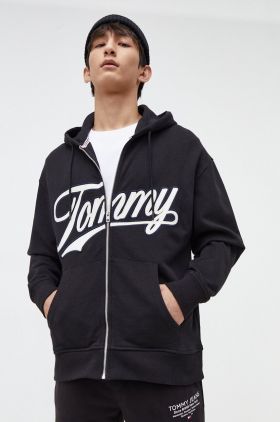 Tommy Jeans hanorac de bumbac bărbați, culoarea negru, cu glugă, imprimeu DM0DM18415