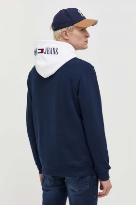 Tommy Jeans bluză bărbați, culoarea bleumarin, cu glugă, imprimeu DM0DM18420