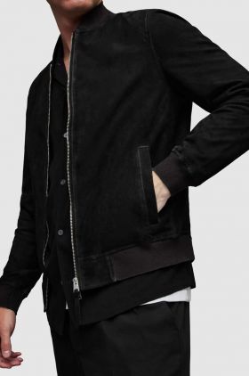 AllSaints jacheta bomber din piele intoarsa Ronan barbati, culoarea negru, de tranzitie