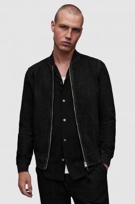 AllSaints jacheta bomber din piele intoarsa Ronan barbati, culoarea negru, de tranzitie