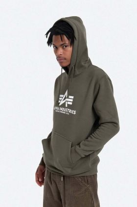 Alpha Industries bluză Basic Hoodie bărbați, culoarea verde, cu glugă, cu imprimeu 178312.257-green