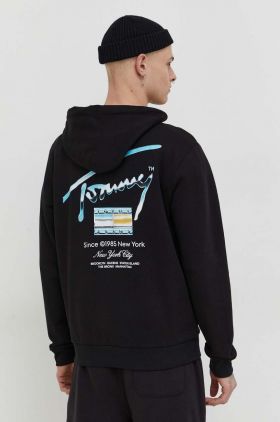 Tommy Jeans hanorac de bumbac bărbați, culoarea negru, cu glugă, imprimeu DM0DM18457