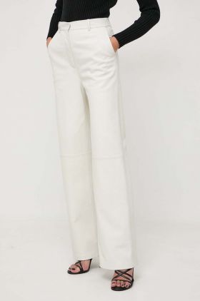 BOSS pantaloni de piele femei, culoarea bej, drept, high waist 50516959