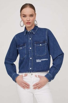 Karl Lagerfeld Jeans camasa jeans femei, culoarea albastru marin, cu guler clasic, regular