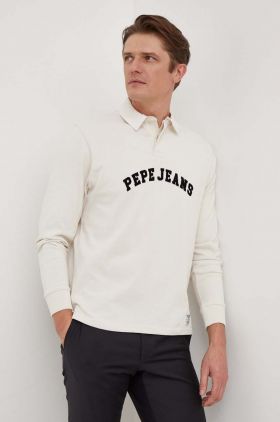 Pepe Jeans longsleeve din bumbac Harry culoarea bej, cu imprimeu