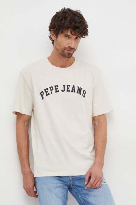 Pepe Jeans tricou din bumbac barbati, culoarea bej, cu imprimeu