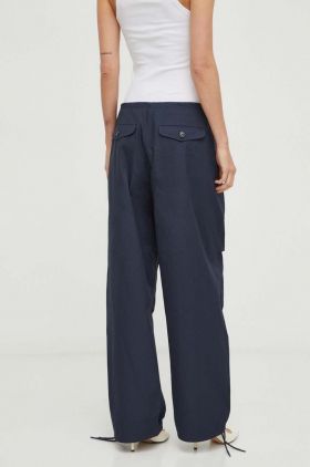 Samsoe Samsoe pantaloni de bumbac culoarea albastru marin, lat, high waist