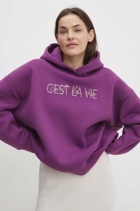 Answear Lab bluza femei, culoarea violet, cu glugă, cu imprimeu