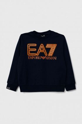 EA7 Emporio Armani hanorac de bumbac pentru copii culoarea albastru marin, cu imprimeu