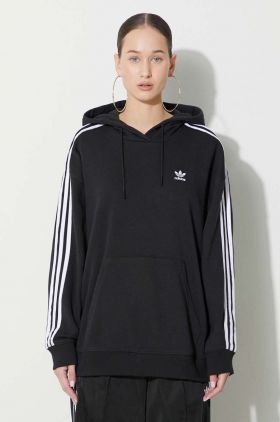 adidas Originals bluză 3-Stripes Hoodie femei, culoarea negru, cu glugă, cu imprimeu, IU2418