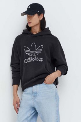 adidas Originals hanorac de bumbac Trefoil Hoodie bărbați, culoarea negru, cu glugă, cu imprimeu, IU2373