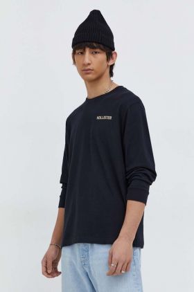 Hollister Co. longsleeve din bumbac culoarea negru, cu imprimeu