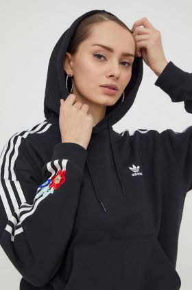 adidas Originals hanorac de bumbac femei, culoarea negru, cu glugă, cu imprimeu  IU2515