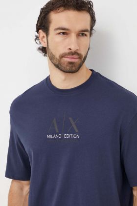 Armani Exchange tricou din bumbac barbati, culoarea albastru marin, cu imprimeu
