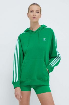 adidas Originals bluză 3-Stripes Hoodie OS femei, culoarea verde, cu glugă, cu imprimeu, IN8398