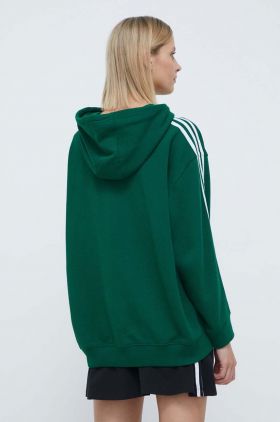 adidas Originals bluză 3-Stripes Hoodie OS femei, culoarea verde, cu glugă, cu imprimeu, IN8400