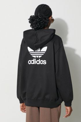 adidas Originals bluză Trefoil Hoodie femei, culoarea negru, cu glugă, cu imprimeu, IU2409