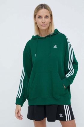 adidas Originals bluză 3-Stripes Hoodie OS femei, culoarea verde, cu glugă, cu imprimeu, IN8400