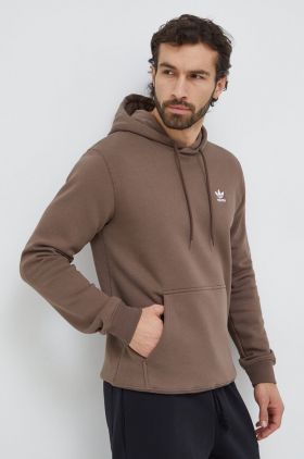 adidas Originals bluză Trefoil Essentials Hoody bărbați, culoarea maro, cu glugă, uni, IR7786